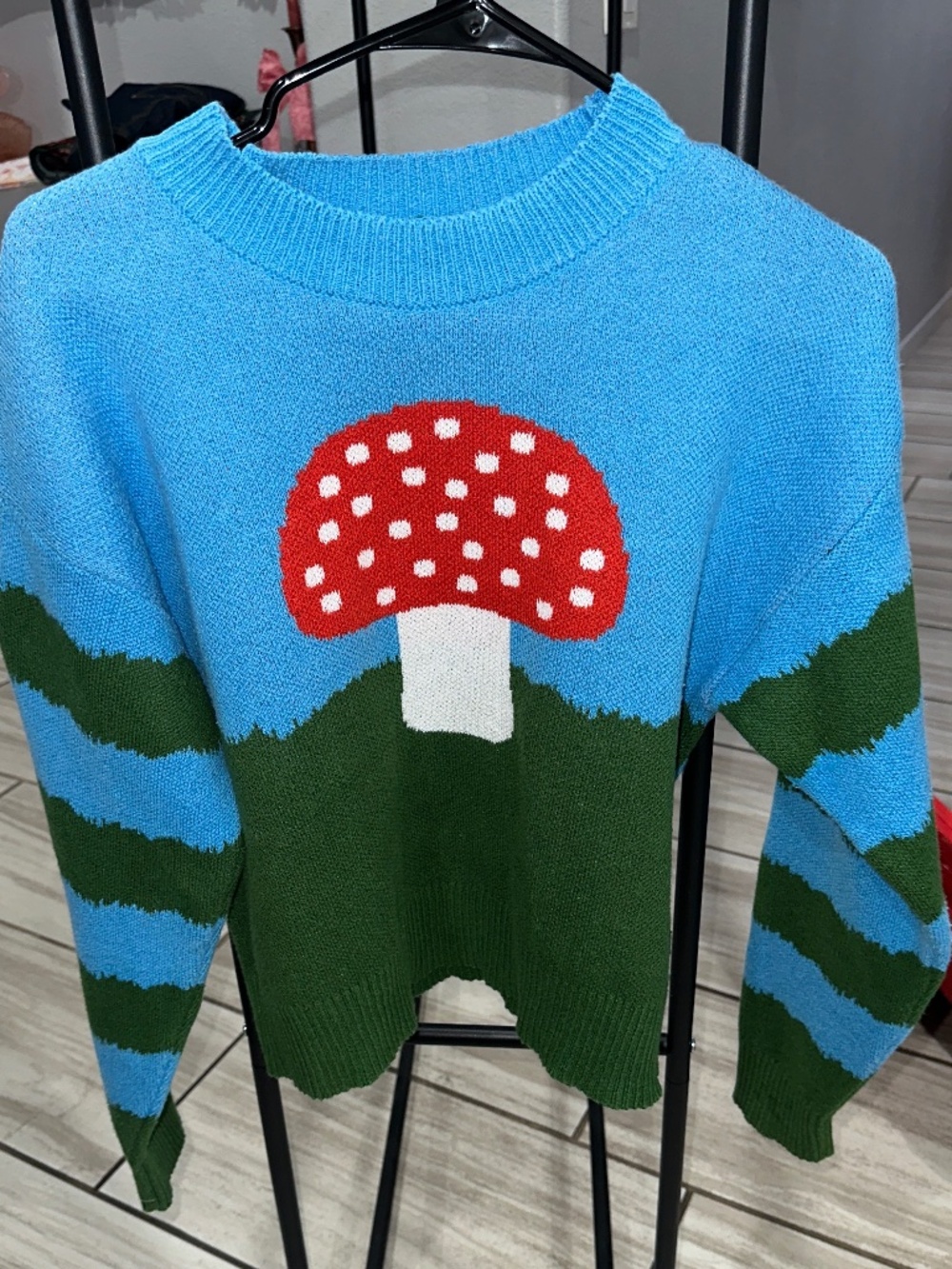 Zara Blue Green Red Mushroom Crewneck Sweater